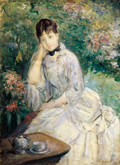 Ung kvinne sitter på en sofa (olje på lerret) av Berthe Morisot