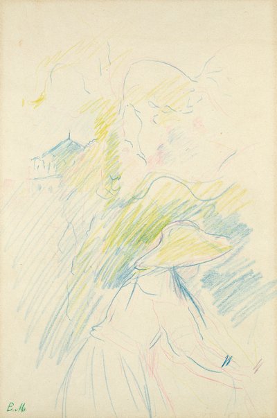 Ung jente i hagen, 1888 (farget blyant på papir) av Berthe Morisot