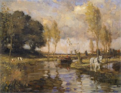 Landskap med kanal, 1900-tallet (olje på lerret) av Bertram Priestman