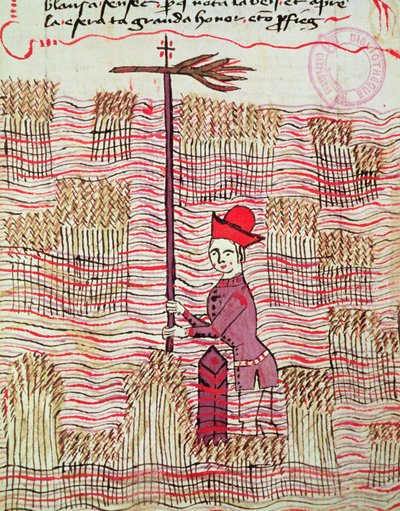 Ms 327 fol.197r Surveyor in a field, fra Traite dArpentage av Arnaud de Villeneuve (1240-1312) av Bertrand Boysset