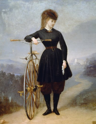 Den franske skuespillerinnen Blanche d'Antigny, pseudonym til Marie Ernestine Blanche d'Antigny (1842-1874), med sin velocipede (sykkel), maleri av Betinet, olje på lerret av Betinet