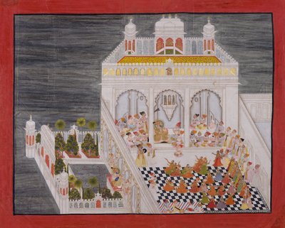 Maharana Ari Singh med hoffmennene hans blir underholdt på Jagniwas vannpalass, datert 1767. av Bhima
