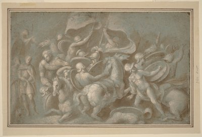 Kampscene (pensel og brun vask med hvit gouache over svart kritt på blått papir) av Biagio Pupini