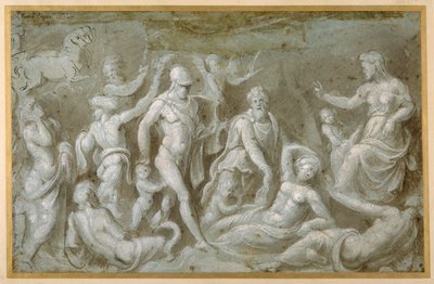 Mars og Rhea Silvia (pensel og brunt blekk forsterket med hvit kroppsfarge på carta azzurra) av Biagio Pupini
