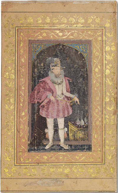 A Rare Mughal Portrait of James I, ca. 1615-18 (ugjennomsiktige pigmenter forsterket med gull på papir) av Bichitr Bichitr