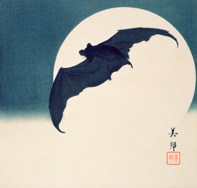 Flaggermus og fullmåne (farget treblokktrykk) av Biho Takashi or Takahashi (b. 1873. fl 1890 1930)