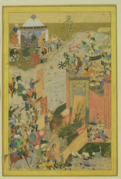 Angrep på et slott, persisk, timurid-periode (1370-1506) ca. 1475-1500 (wc og bladgull på papir) av Bihzad attr. to Bihzad attr. to