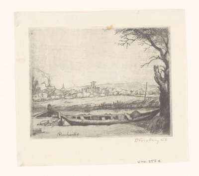 Kanal med en stor båt og en bro ("The schuytje i forgrunnen") av Birger John Forsberg
