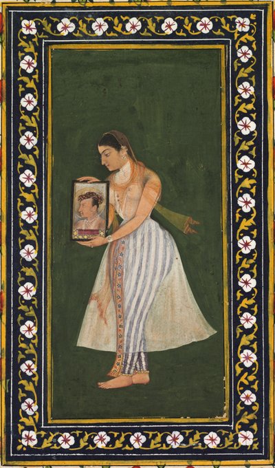 Nur Jahan, med et portrett av keiser Jahangir, ca. 1627. av Bishandas
