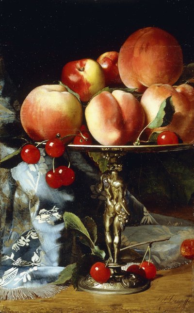 Et stilleben med fersken, plomme og kirsebær, av Blaise Alexandre Desgoffe