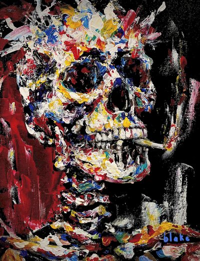 Skull With Spliff, ca. 2021-22 (akryl på lerret) av Blake Munch