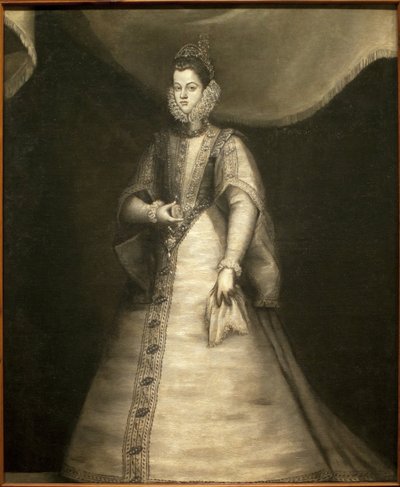 Portrett av spedbarnet Isabelle Claire Eugenie av Østerrike (1566-1633) (Isabella av Spania). Maleri av Blas de Prado (ca. 1545-1599), olje på lerret av Blas del Prado