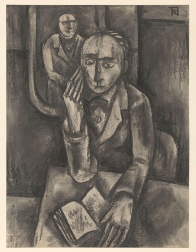 Mann som sitter ved bordet med en åpen bok av Bob Hanf (signed by artist)