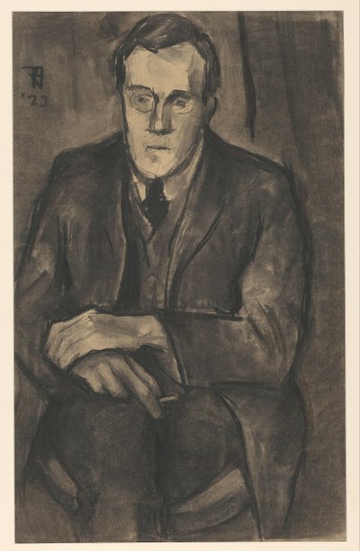 Portrett av J.W. Øks, sittende med hendene på knærne av Bob Hanf (signed by artist)