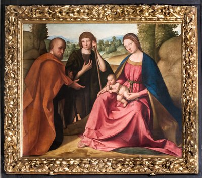 Tilbedelse av hyrdene Madonna med spedbarnet Jesus og to hyrder") av Boccaccio Boccaccino