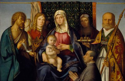 Jomfru og barn med hellige og en giver, 1505-1515 av Boccaccio Boccaccino