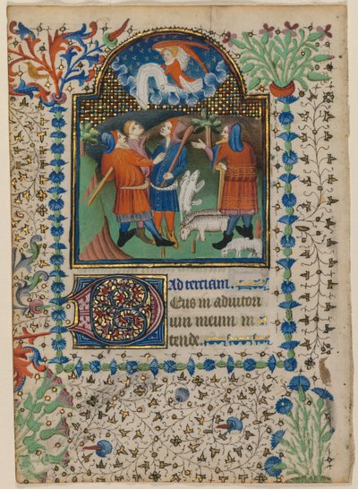 Leaf from a Book of Hours: Annunciation to the Shepherds recto and Text verso, ca. 1410-20. av Boethius Illuminator