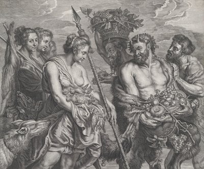 Diana kom tilbake fra jakten, akkompagnert av hunder og nymfene hennes til venstre, to satt..., ca. 1640-59. av Boetius Adams Bolswert