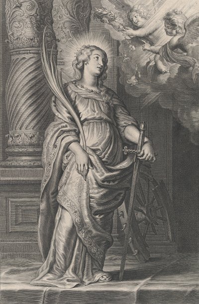 Saint Catherine holder palmeblader og et sverd, to putti over hodet holder en laurbær..., ca. 1625-59. av Boetius Adams Bolswert