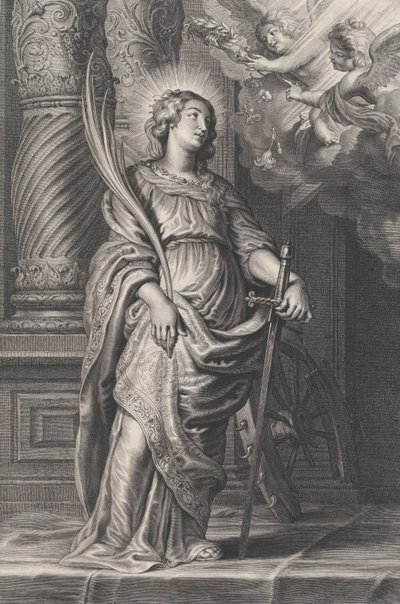 Saint Catherine holder palmeblader og et sverd, to putti over hodet holder en laurbær..., ca. 1625-59. av Boetius Adams Bolswert