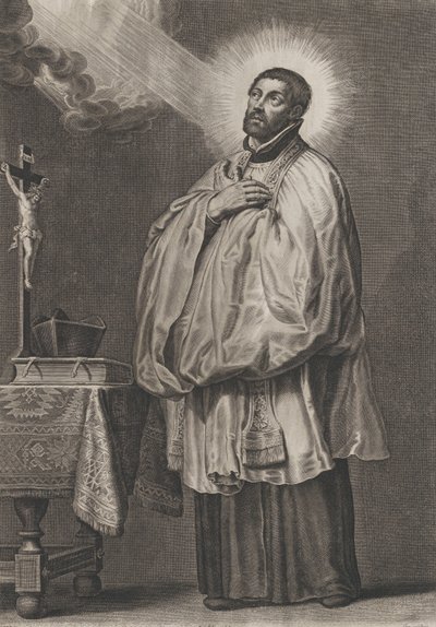 Saint Francis Xavier med et guddommelig lys som strømmer ut mot ham fra øvre venstre side,..., ca. 1623-33. av Boetius Adams Bolswert