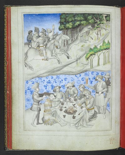 Legg til 24189, f.5v, Rekreasjon på Kypros med, over, en hjortejakt med leoparder og, under, en fest, fra 