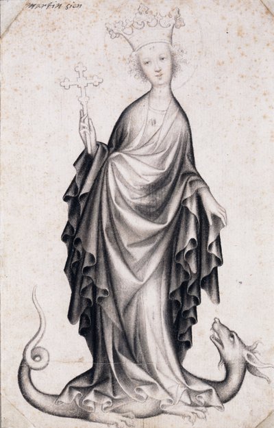 Saint Margaret of Antioch (død rundt 305) (Saint Margaret) (hun holder et krusifiks og tramper en drage) - Verk av en bohemsk mester (aktiv 1410-1420), blyant og pensel på papir (21,4x14 cm) , rundt 1410 - Szepmuveszeti Muzeum, Budapest (Ungarn) av Bohemian School