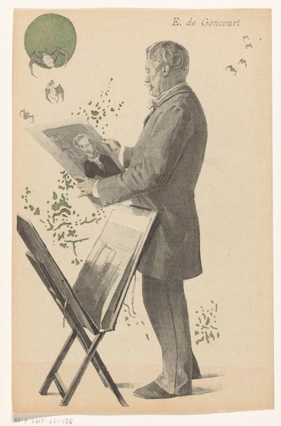 Edmond de Goncourt ser på et trykk, ved siden av ham en trykkstandard E. de Goncourt (tittel på objekt) av Boileau