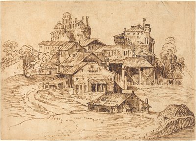 Utsikt over en italiensk by (etter Titian eller Domenico Campagnola) av Bolognese 17th Century
