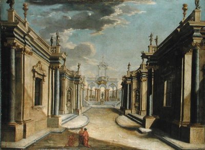 En arkitektonisk Capriccio som skildrer historien om Minyas døtre (olje på lerret) av Bolognese School