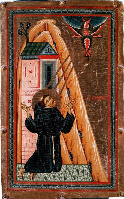 Livet til Saint Francois av Assisi "" Saint Francois mottar stigmas""" Jesus Kristus korsfester fremstår for ham som en serafin. Maleri på tre av Bonaventura Berlinghieri (aktiv rundt 1228-1274), Dim. 80x51 cm Galleria degli Uffizi (Kontorer) Firenze av Bonaventura Berlinghieri