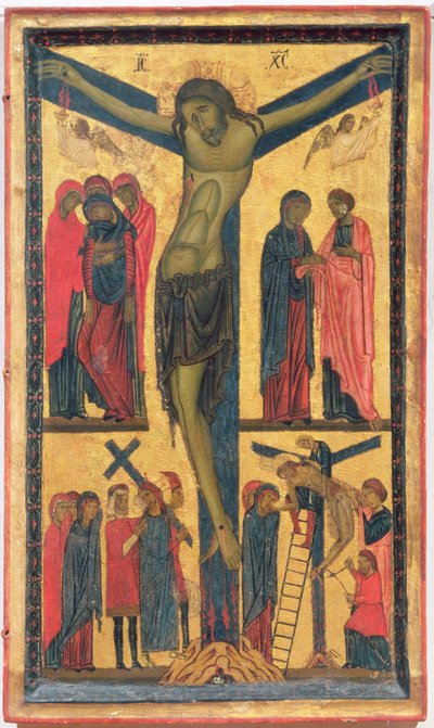 Korsfestelsen med hellige kvinner, sørgende, Kristus på veien til Golgata og avsetningen, høyre panel av en diptyk (tempera på panel) av Bonaventura Berlinghieri