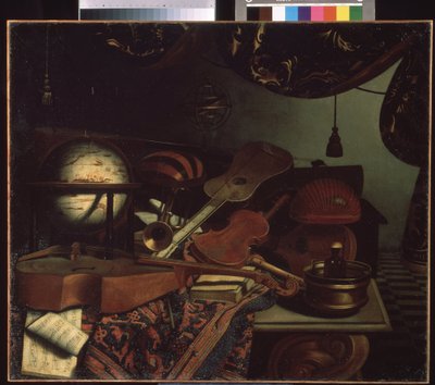 ""Still life with musical instruments"" (Still life with musical instruments) Globus, fløyte, partitur, fiol, gitar. Maleri av Bonaventura Bettera (1663-1718) 1715 Pushkin Museum, Moskva av Bonaventura Bettera