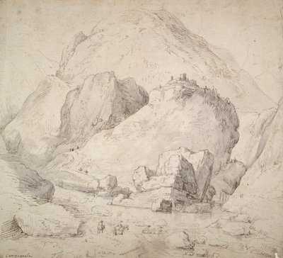 Fjelllandskap med figur på hesteryggen i forgrunnen av Bonaventura Peeters