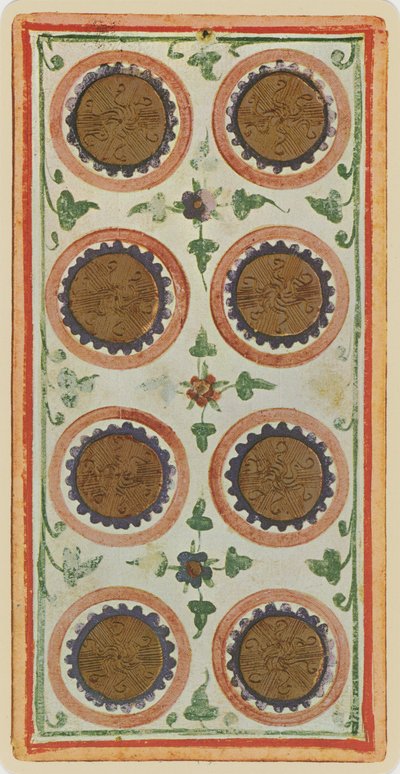 The Eight of Coins, faksimile av et tarotkort fra 
