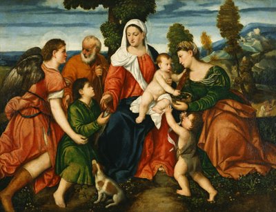 Den hellige familie med Tobias og engelen, den hellige Dorothy, Giovannino og kornetes mirakel utover av Bonifazio Veronese