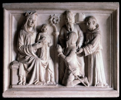 Jomfruen presenterer Jesus for tre personer (skulptur av Bonino da Campione