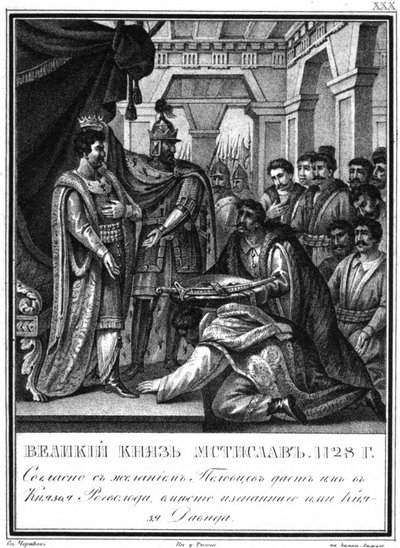 Mstislav I utnevnte Rogvolod til prins av Polotsk. 1128 Fra Illustrated Karamzin, 1836 av Boris Artemyevich Chorikov