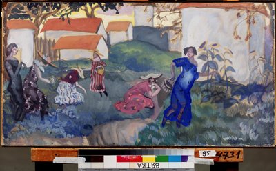 Sommer. Kvinner som løper og leker i en hage foran hus. Verk av Boris Dmitryevich Grigoriev (1886-1939), akvarell og gouache på papir av Boris Dmitrievich Grigoriev