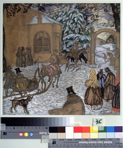 Ilustrație pentru romanul Dubrovsky de Alexander Pușkin (1799-1837) (Ilustrație pentru romanul Dubrovsky de A. Pușkin). Lucrare de Boris Dmitrievici Grigoriev (1886-1939), acuarelă, guașă, cerneală și creion pe hârtie norvegiană av Boris Dmitrievich Grigoriev