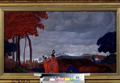 ""Smerten til den unge jenta"" To kvinner kledd i rødt omgir en tredje, svekket av sorg. Maleri av Boris Grigoriev (1886-1939) 1912 Regional W. Wereshchagin Art Museum, Mykolaiv av Boris Dmitrievich Grigoriev