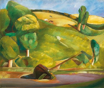 Seilbåt i et kubistisk landskap, tidlig på 1920-tallet (olje på lerret) av Boris Dmitrievich Grigoriev