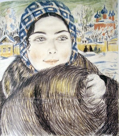 En ung kjøpmannskone i et rutete skjerf par Kustodiev, Boris Michaylovich (1878-1927) av Boris Mikhailovich Kustodiev