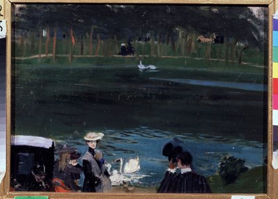 Bois de Boulogne. Innsjøen med svaner og turgåere. Maleri av Boris Michaylovich Kustodiev (Kustodiev) (1878-1927), olje på lerret av Boris Mikhailovich Kustodiev