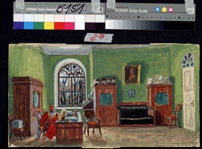 Decor preparatoire pour la piece de theater La mort de Pasukhin de Mikhail Saltykov-Shchedrin (Saltykov Shchedrin, Saltykov-Chtchedrine, Saltykov Chtchedrine) (1826-1889) (Scenedesign for teaterstykket Pasukhins død av M. Saltykow Schtschedrin). Oeu av Boris Mikhailovich Kustodiev