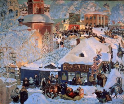 Vinter, Mardi Gras (Vinter, Schrovetide). Tradisjonelle festligheter i de snødekte gatene i en provinsby. Foruten beskrivelsen av byens bygninger, ballongklynger, en karusell, utstillingsvinduene til tavernaene og sledene trukket av av Boris Mikhailovich Kustodiev