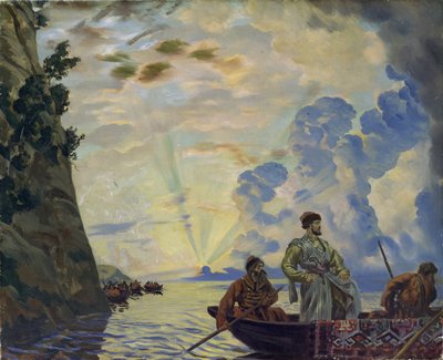 Kosakklederen Stepan (Stenka) Timofeevich Razin (1630-1671) i en båt. Han ledet et opprør mot adelen og det tsaristiske byråkratiet i Sør-Russland (Stepan Razin). Maleri av Boris Michaylovich Kustodiev (Kustodiev) (1878-192 av Boris Mikhailovich Kustodiev
