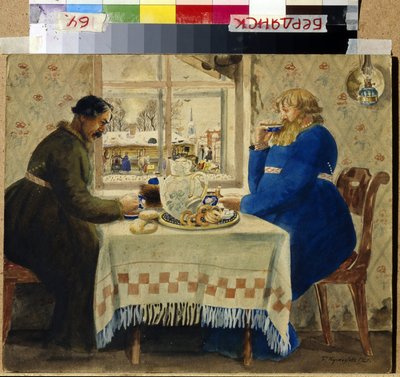 Trenere. To menn ved bordet spiser kaker og rundstykker mens de drikker te. Gjennom vinduet står lagene og sledene på rekke og rad på tunet. Verk av Boris Michaylovich Kustodiev (Kustodiev) (1878-1927), akvarell s av Boris Mikhailovich Kustodiev