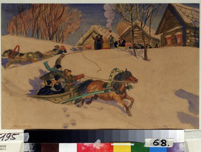 Fastelavn (fastelavn). Glade barn spinner i slede trukket av hester, på snøen, foran landsbyen med trehusene. De forsamlede voksne hilser på dem. Verk av Boris Michaylovich Kustodiev (Koustodiev) (1878-1927), akvarell av Boris Mikhailovich Kustodiev