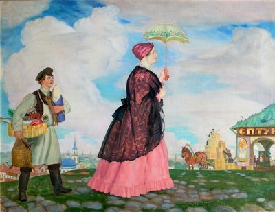 Kjøpmannskvinne med kjøp, 1920 av Boris Mikhailovich Kustodiev
